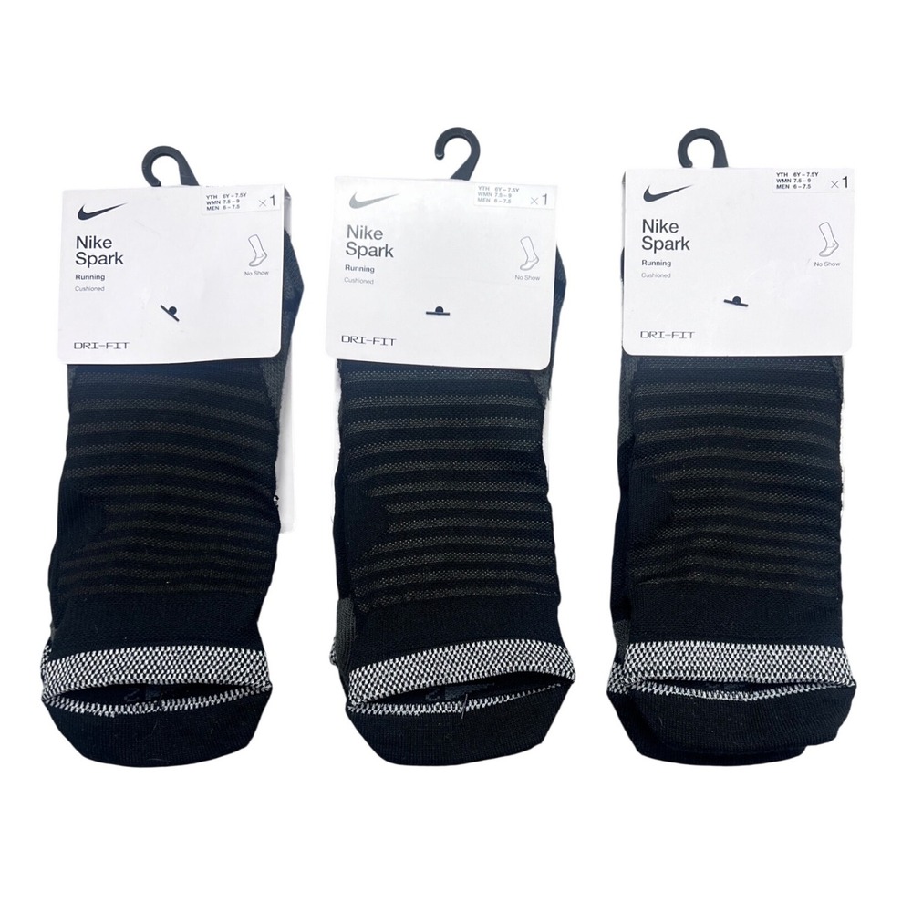 3 Pair Nike Spark Running No Show Cushioned Socks Black Grey M‎ 6-7.5 W 7.5-9